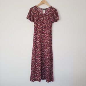 All That Jazz Dark Red Floral Dress Rayon Size 3/4 90's Vintage